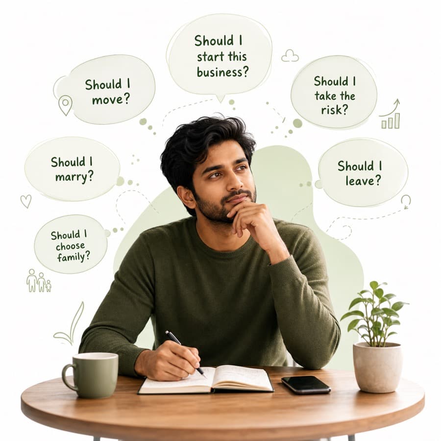 A person finding clarity after reviewing real outcomes from similar life decisions